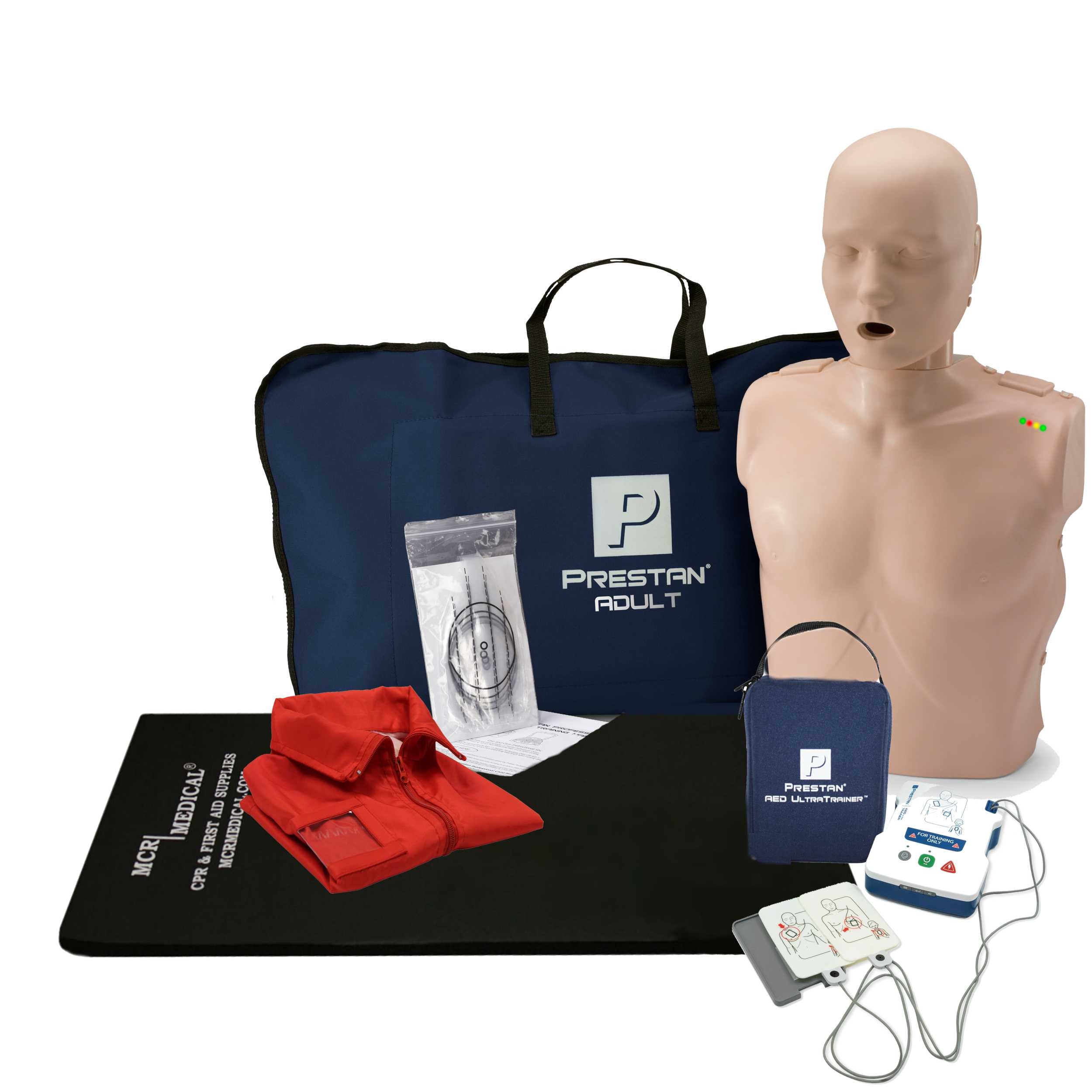 CPR Training Kit w. Adult Manikin WITH Feedback & Prestan AED Trainer, MEDIUM TONE