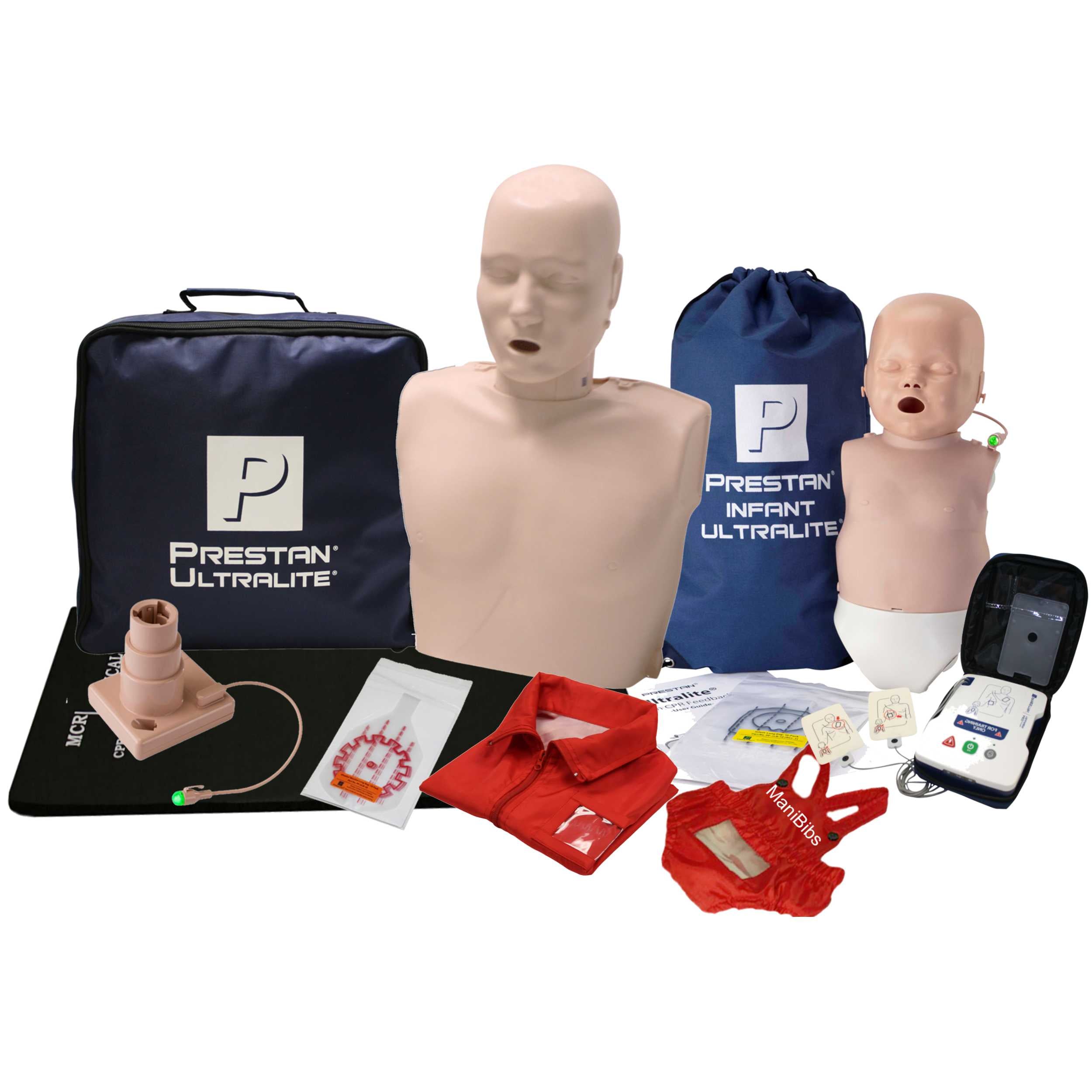 CPR Training Kit w Adult and Infant Prestan Ultralite CPR Manikin Medium Tone w/ Feedback, AED Ultra