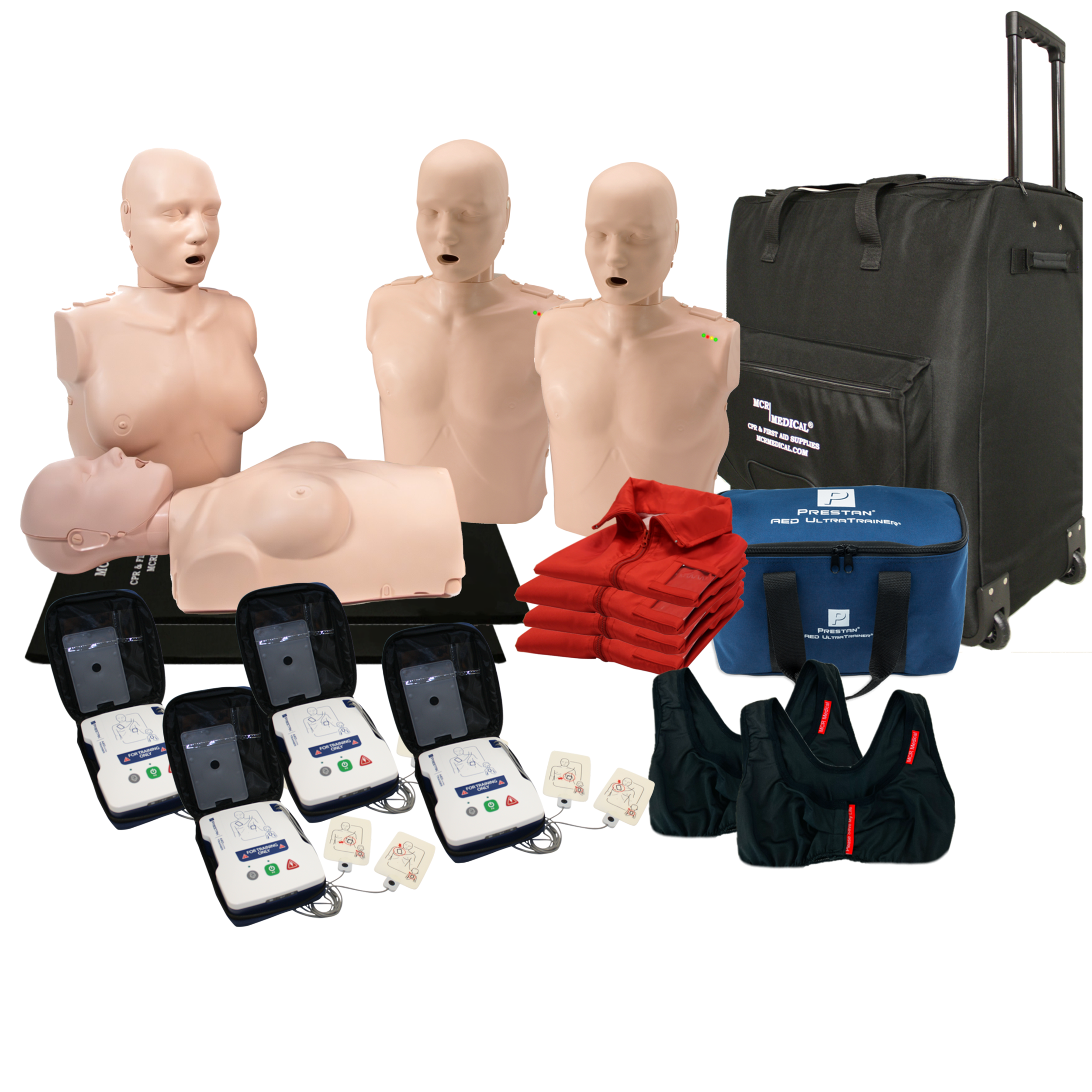 2 Female and 2 Male CPR Adult Manikins w. Feedback, AED UltraTrainers, Carry Bag w. Wheels