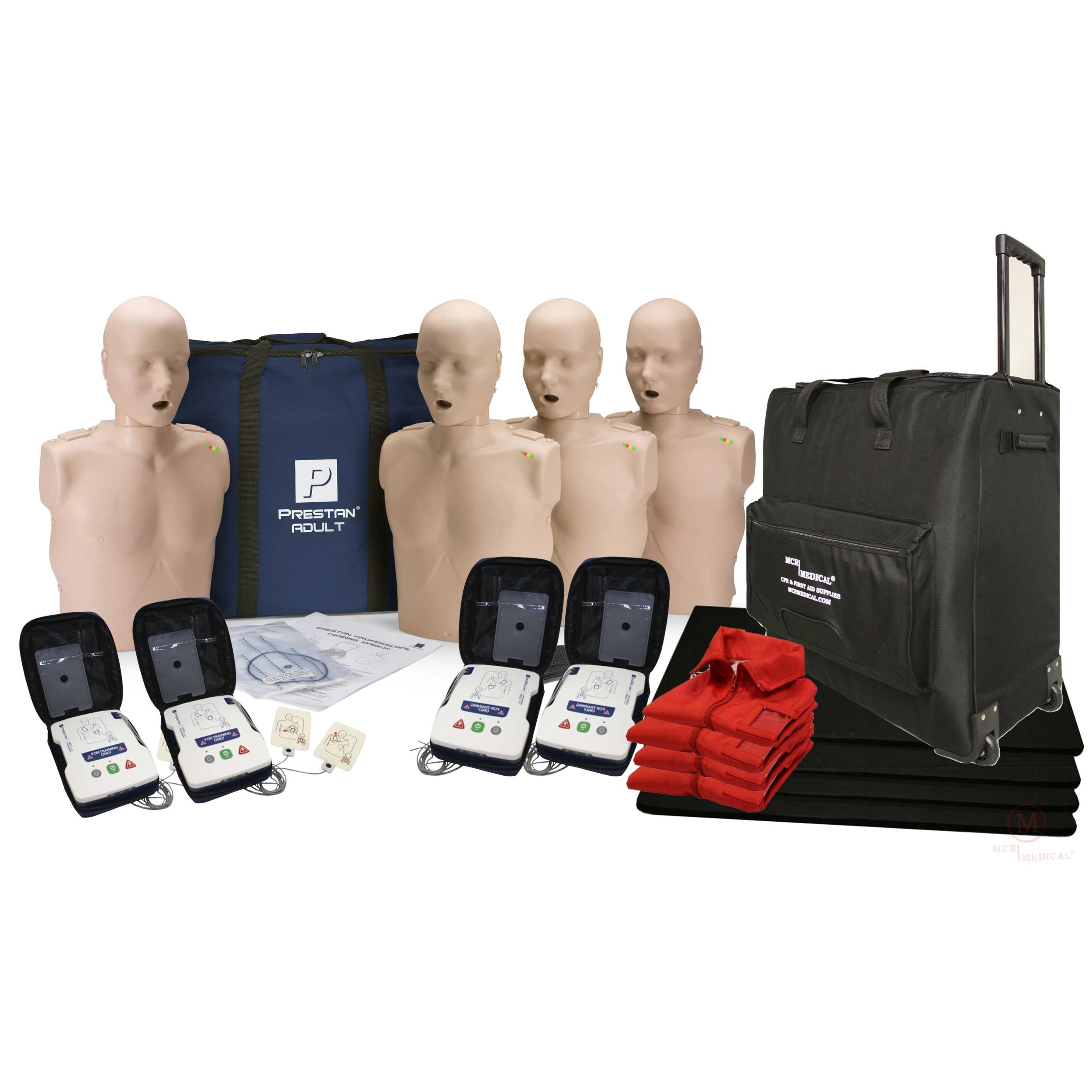 CPR Adult Manikin 4-Pack w. Feedback, AED UltraTrainers, Carry Bag w. Wheels