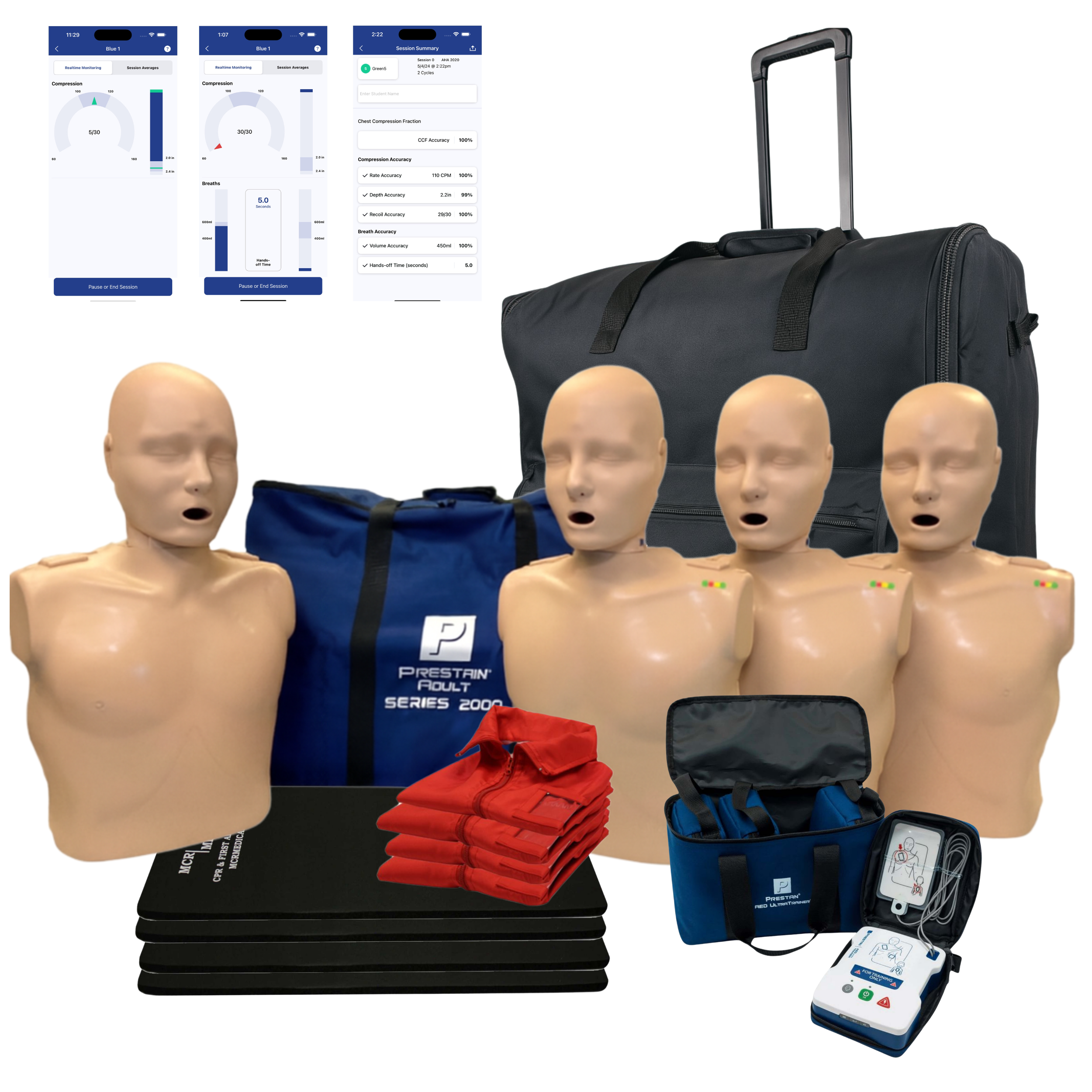 PRESTAN Adult Series 2000s (4-Pack, Medium Tone), AED UltraTrainers, MCR Accessories, & CarryAll-L | MCR Medical Kit