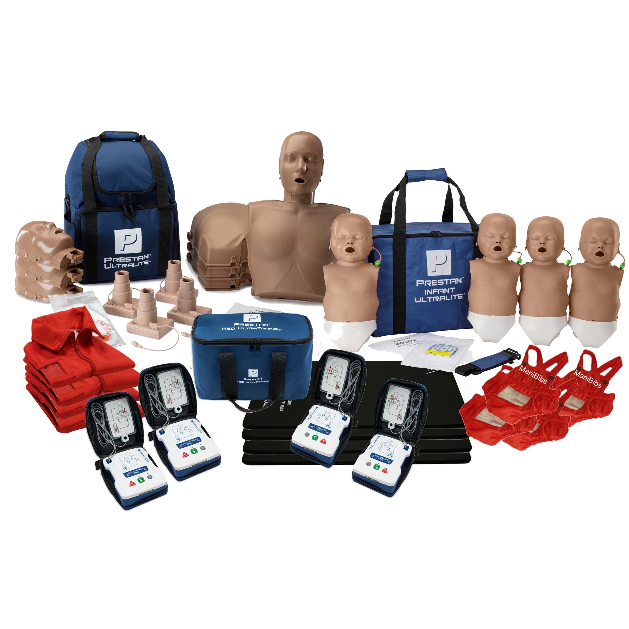 CPR Training Kit w 4-pack of Adult and Infant Prestan Ultralite CPR Manikin, Dark Tone w/ Feedback,