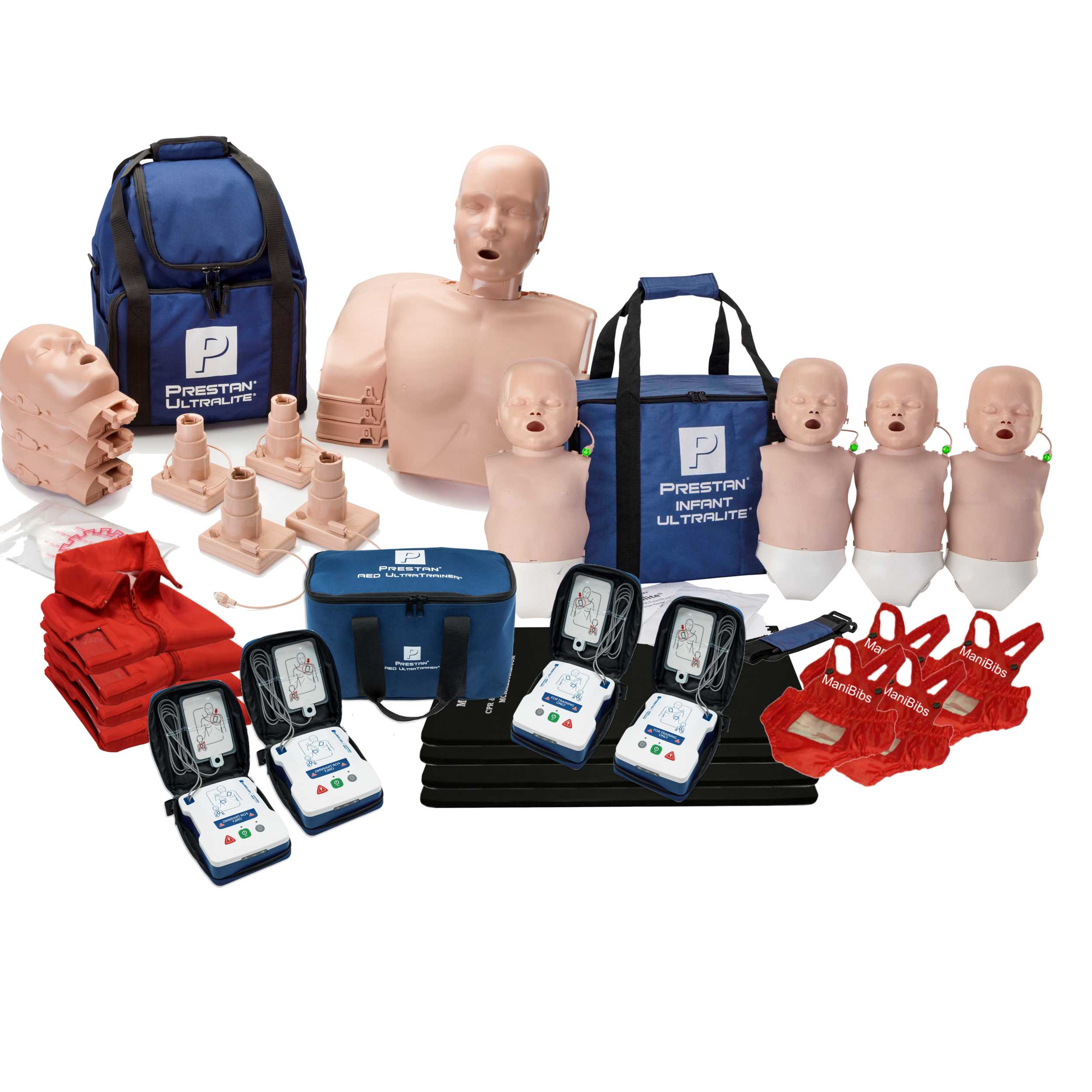 CPR Training Kit w 4-pack of Adult and Infant Prestan Ultralite CPR Manikin, Medium Tone w/ Feedback,
