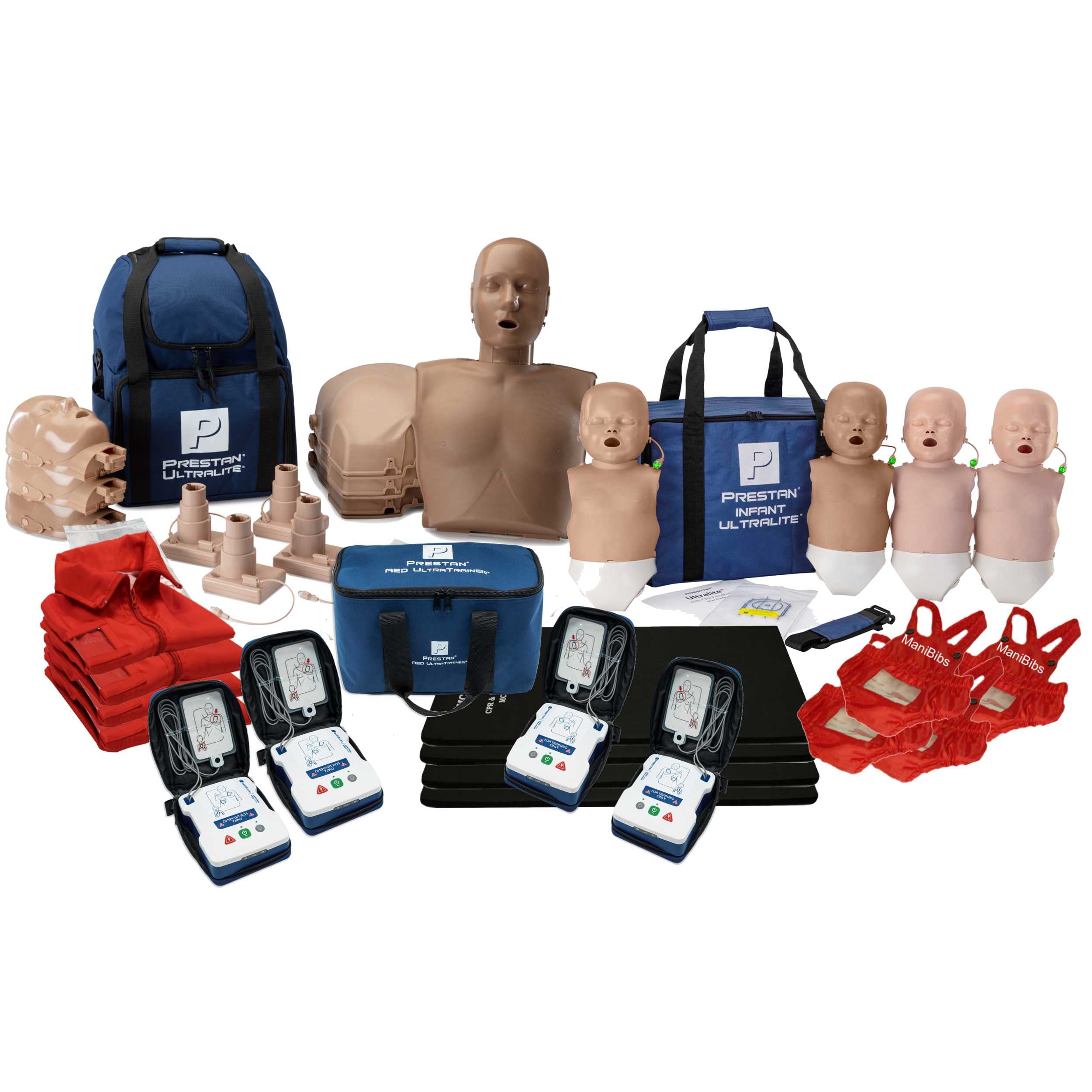 CPR Training Kit w 4-pack of Adult and Infant Prestan Ultralite Diversity CPR Manikin, Dark Tone w/
