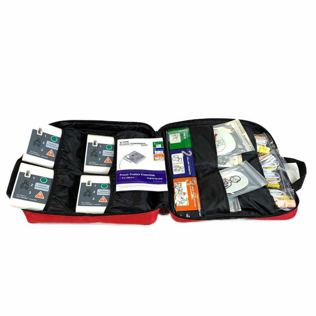 WNL AED trainer - Practi-Trainer Essentials-4 pack carry bag open with 4 units in slots, manual, adult and child training pads and cables