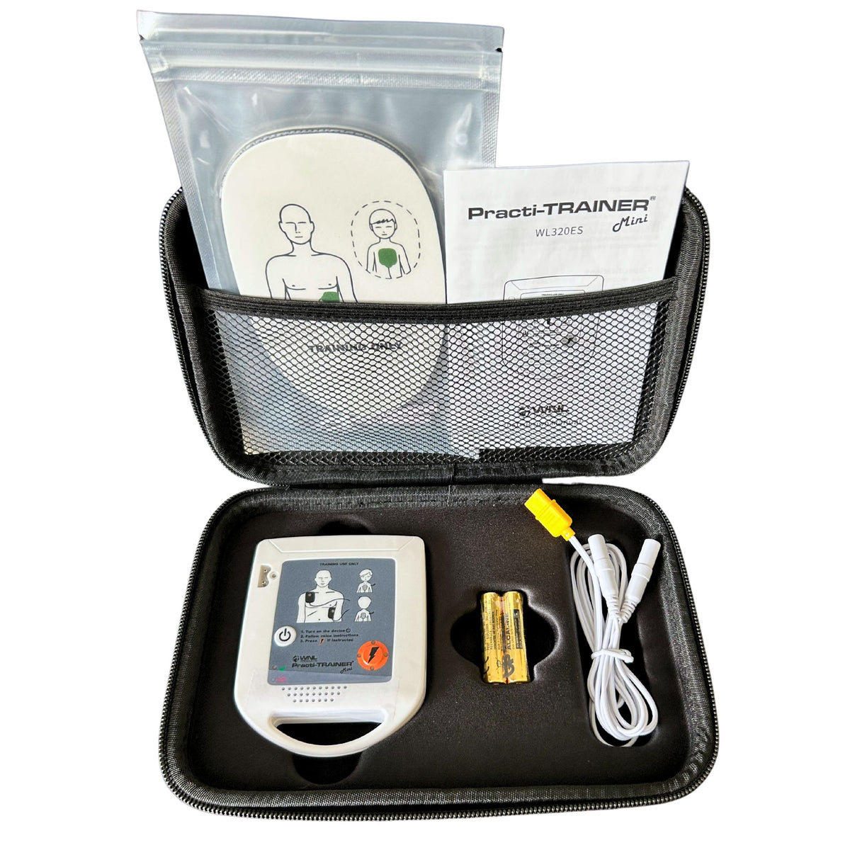 WNL AED trainer-Mini-Unit with batteries, cable, training pads, manual in carry bag