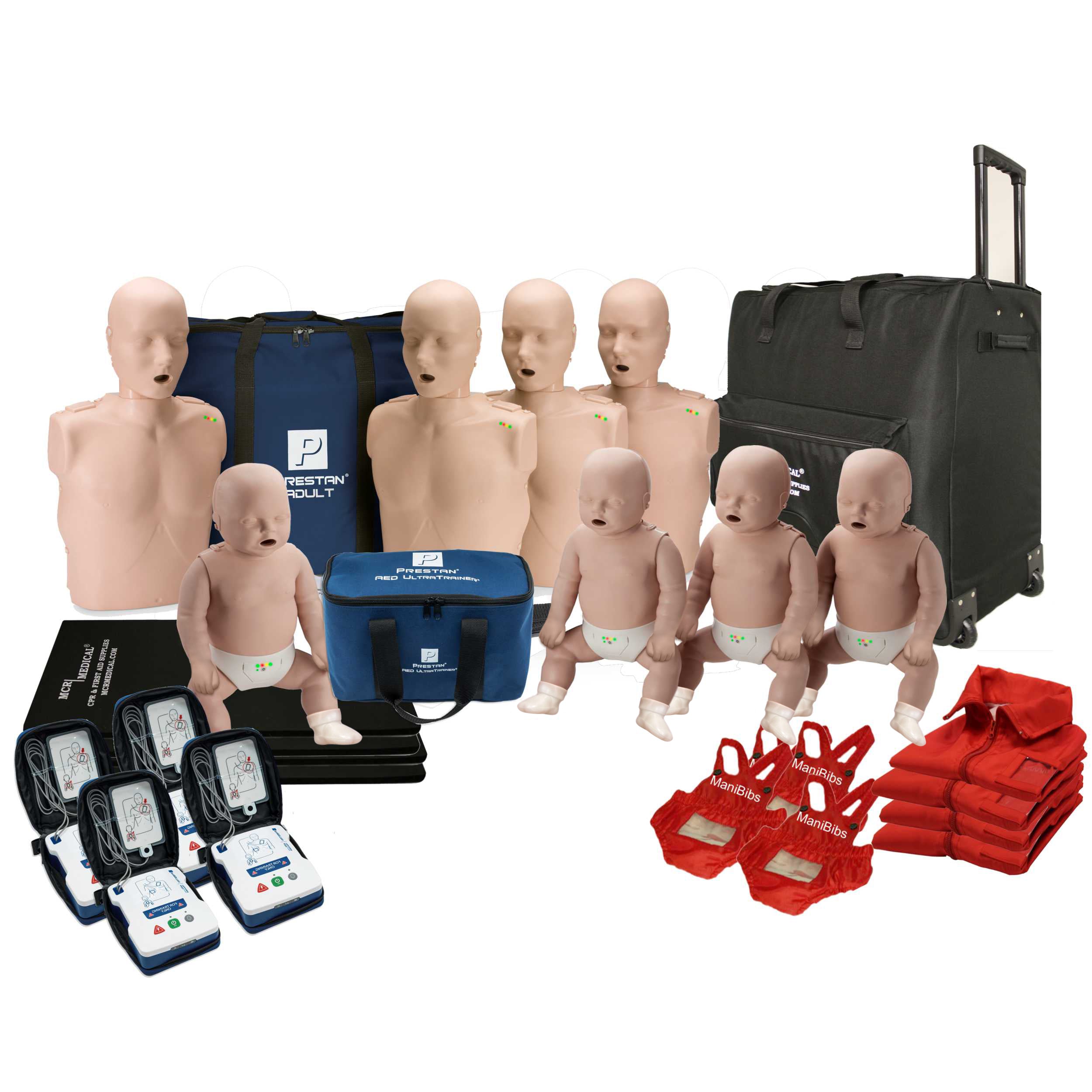 CPR Manikin 4-Pack Adult and 4-Pack Infant w. Feedback, AED UltraTrainers, Carry Bag w. Wheels