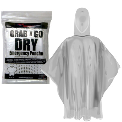 Pack of 10 Emergency Rain Ponchos, Clear, Rectangular with Hood