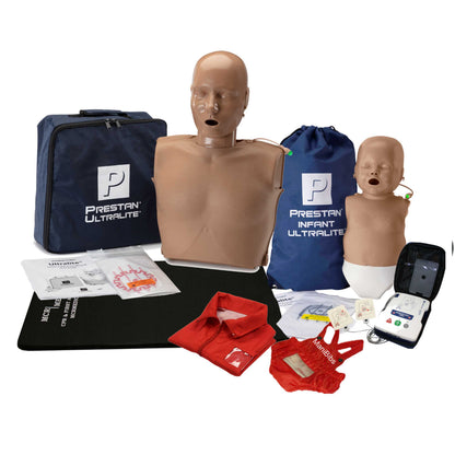 PRESTAN-Ultralite kit- 1 adult manikin dark tone with carry bag, lung bags, and manual, 1 dark tone infant with carry bag, lung bags and manual, Prestan, ultratrainer AED with cable and trainign pads, MCR manibibs, ultra vest and kneeling mat