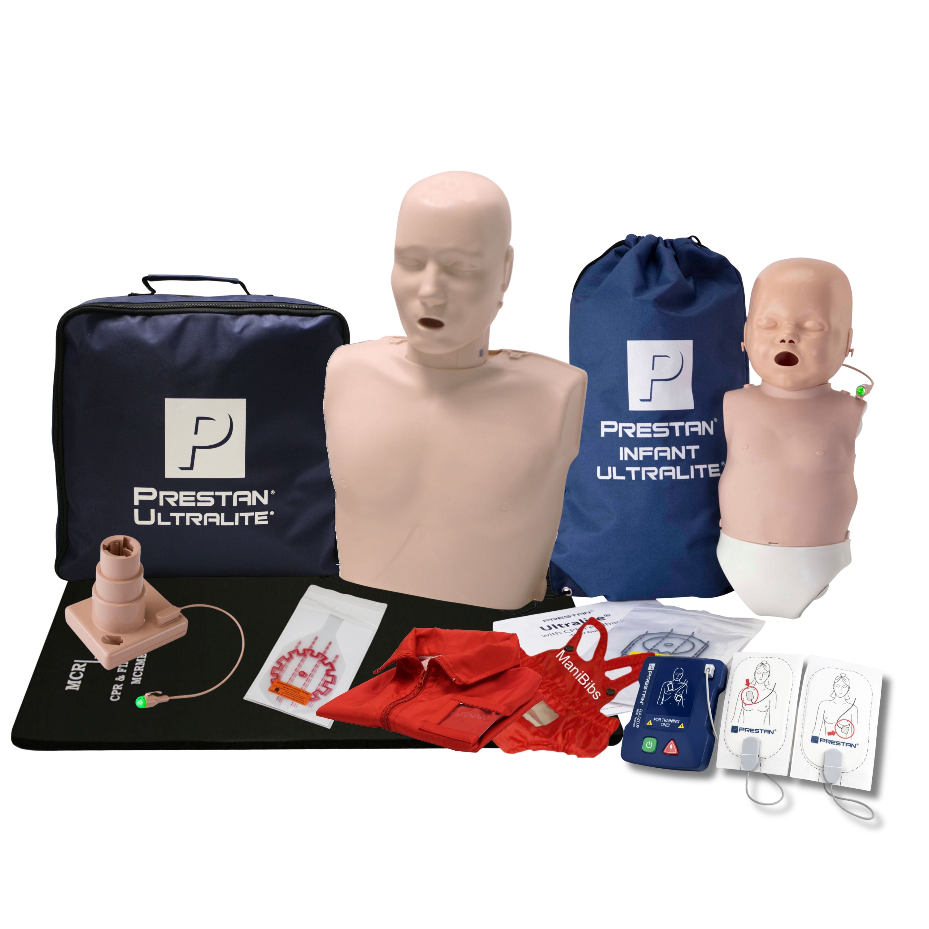 PRESTAN-Ultralite kit-Adult and infant manikin with carry bags, lung bags, piston with feedback cable AED Raizor with training pads and cables, manual, MCR medical kneeling mat , ultra vest and mani bibs