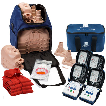 PRESTAN-Ultra trainer kit- 4 pack ultra lite manikin medium tone with 4 heads 4 body and 4 pistons with feedback cable, 4 MCE ultra vests, lung bags, and 4 pack of ultra trainer AED with cords and training pads