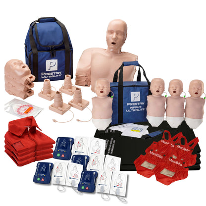 PRESTAN-ultralite-4 back Medium tone kit , adult manikin heads and chests, pistons with feedback cables, lung bags carry bag, infant manikins with feedback cables, carry bag, Raizor AEDs with training bags and cables, MCR Medical ultra vests manibibs and kneeling mats
