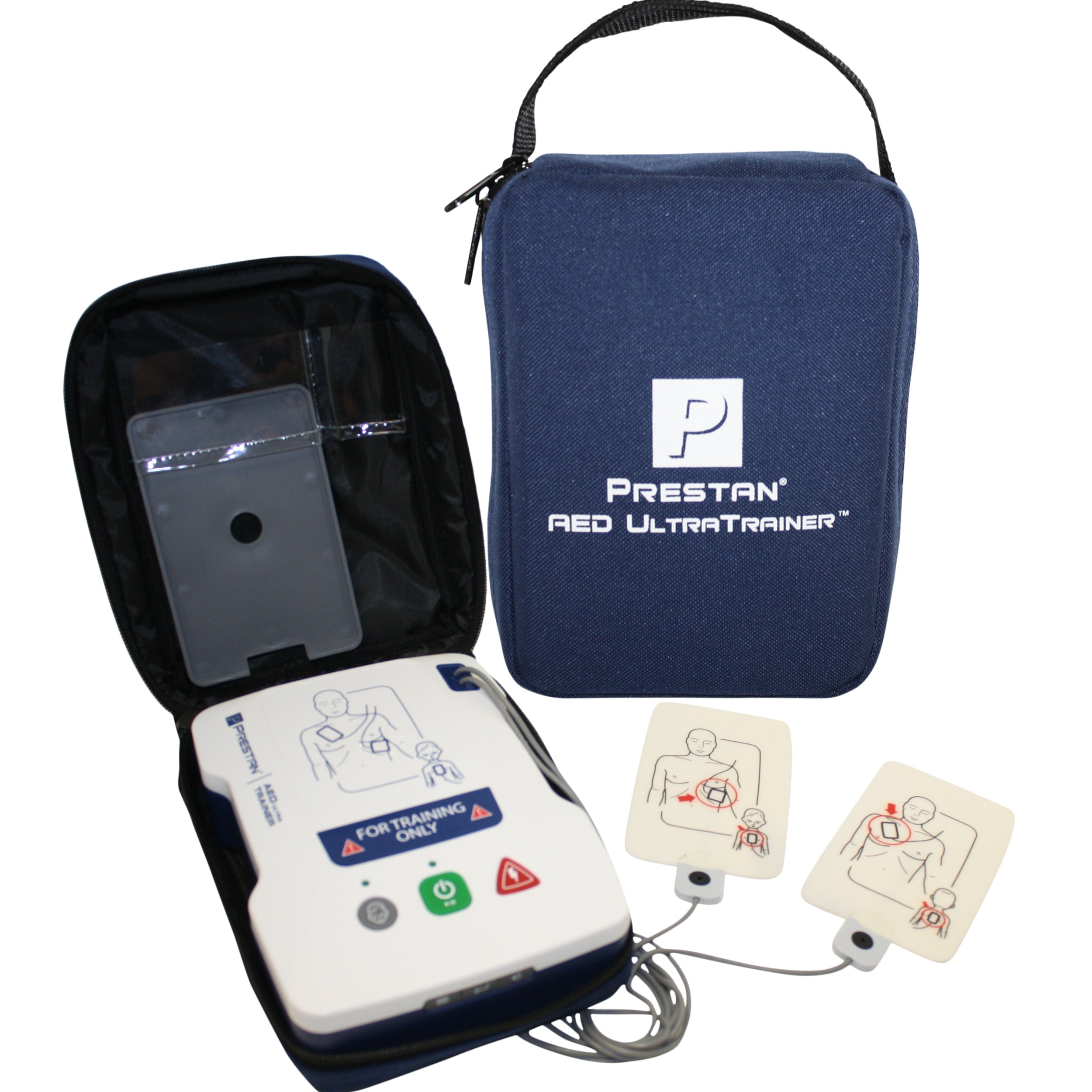 PRESTAN AED trainer- UltraTrainer- unit in the open carry bag, with training pads and cable, closed bag 