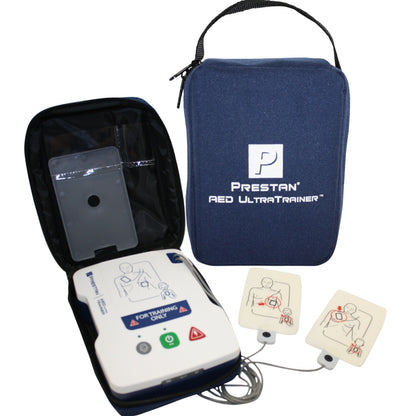 PRESTAN AED trainer- UltraTrainer- unit in the open carry bag, with training pads and cable, closed bag 