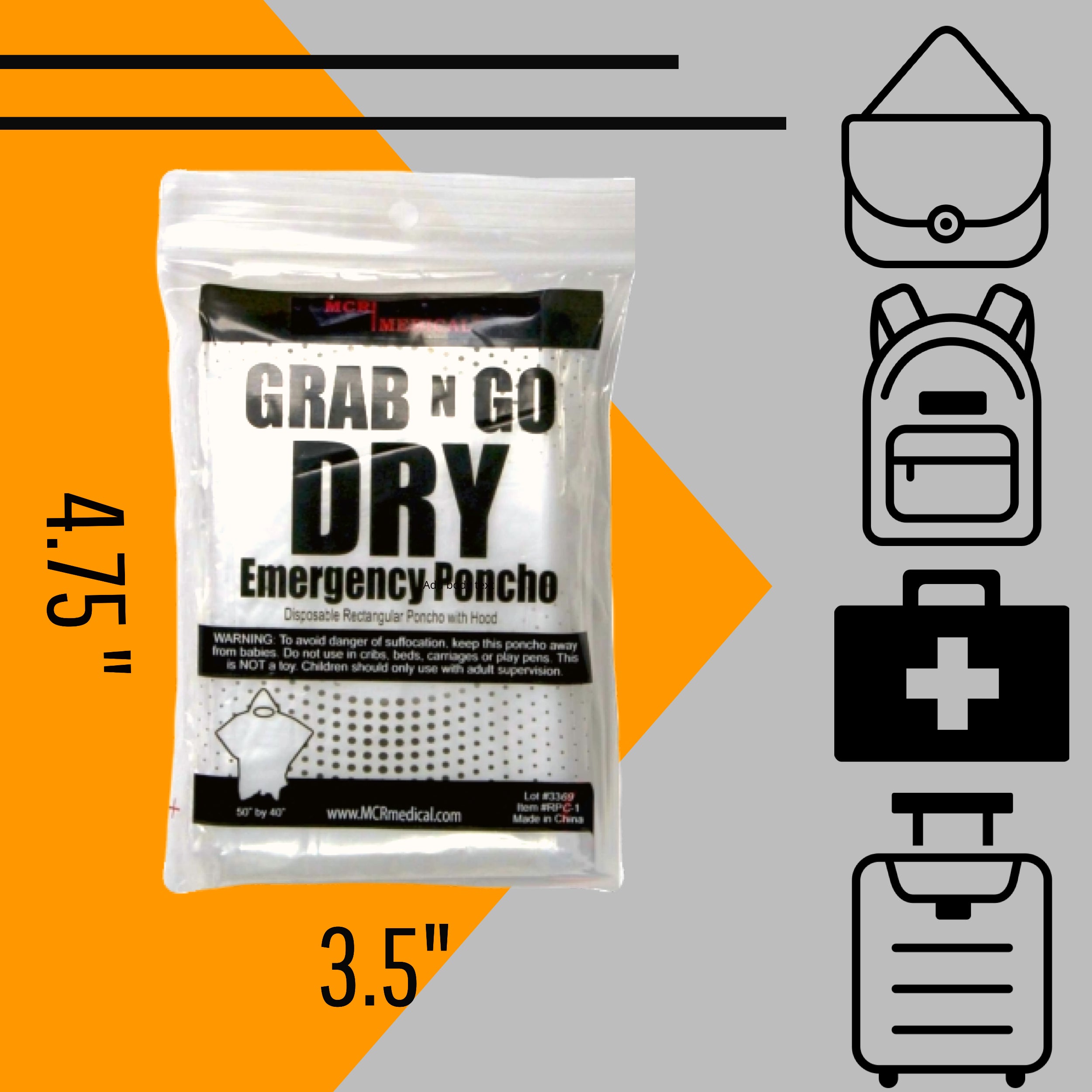 Pack of 10 Emergency Rain Ponchos, Clear, Rectangular with Hood