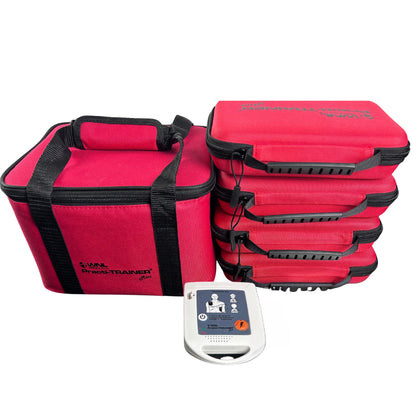 WNL AED  Practi-trainer 4-pack large bag next to 4 individual WNL AED practi trainer